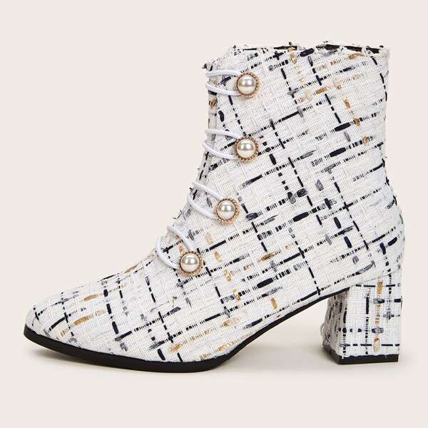 

Plaid Tweed Faux Pearl Button Chunky Boots, White