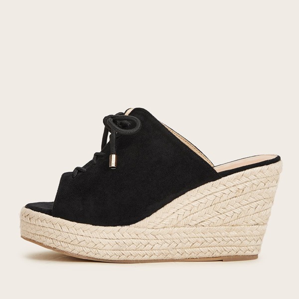 

Peep Toe Lace Up Mule Wedges, Black