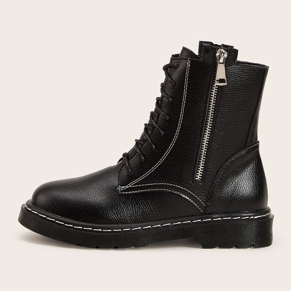 

Side Zipper Lace Up Combat Boots, Black