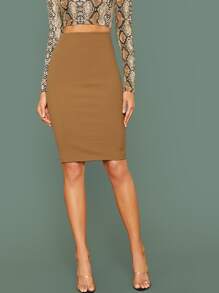SHEIN Privé Elastic Waist Bodycon Skirt - Khaki - View 1