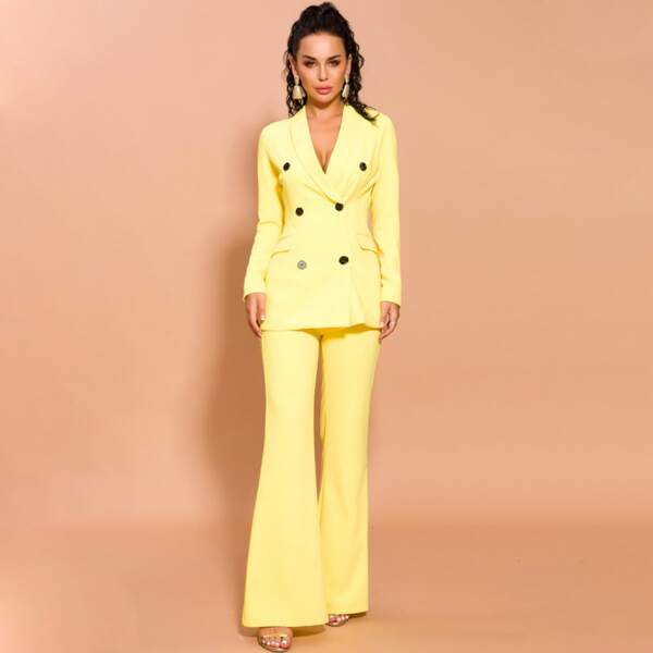 

Missord Double Button Blazer & Flare Leg Pants Set, Yellow bright