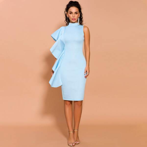 

Missord Mock-neck Exaggerated Ruffle Pencil Dress, Blue pastel