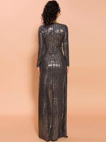 Missord Plunge Neck Split Thigh Sequin Prom Dress - Black - View 2