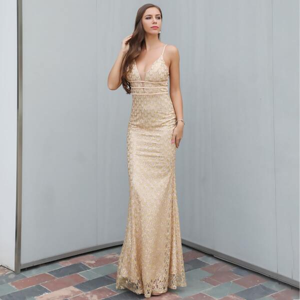 

Plunge Neck Sequin Mesh Cami Prom Dress, Gold