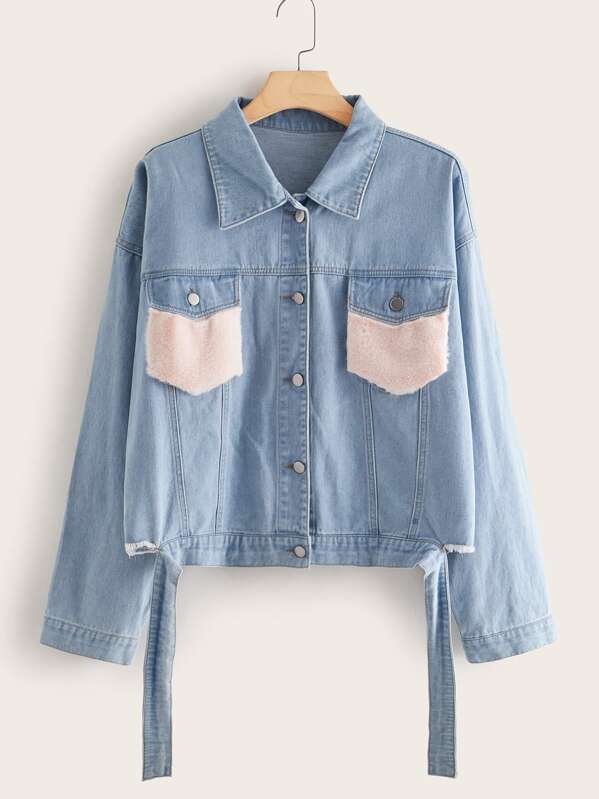 

Plus Raw Hem Contrast Faux Fur Pocket Denim Jacket, Blue
