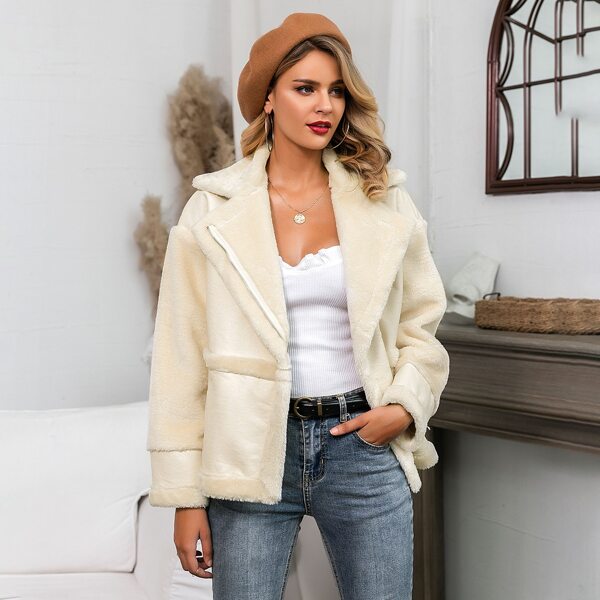 

Glamaker Zip Front Faux Shearling Biker Jacket, Beige