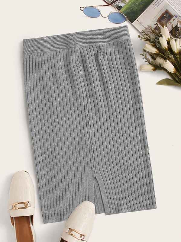 

Solid Rib-Knit Split Hem Sweater Skirt, Grey