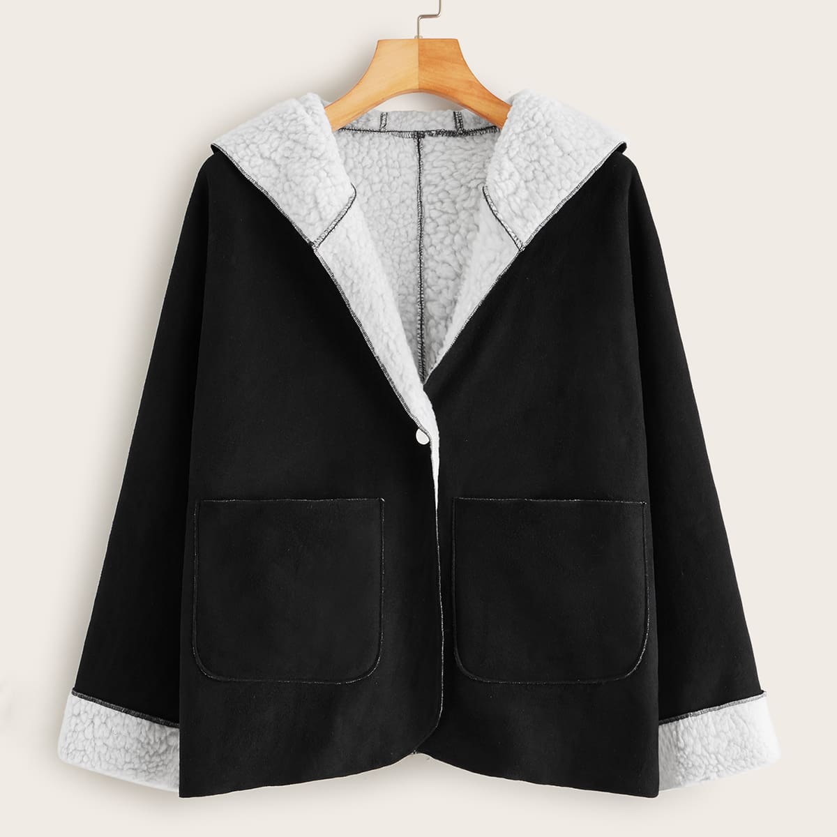 

Pocket Front Lined Hooded Suede Coat, Black