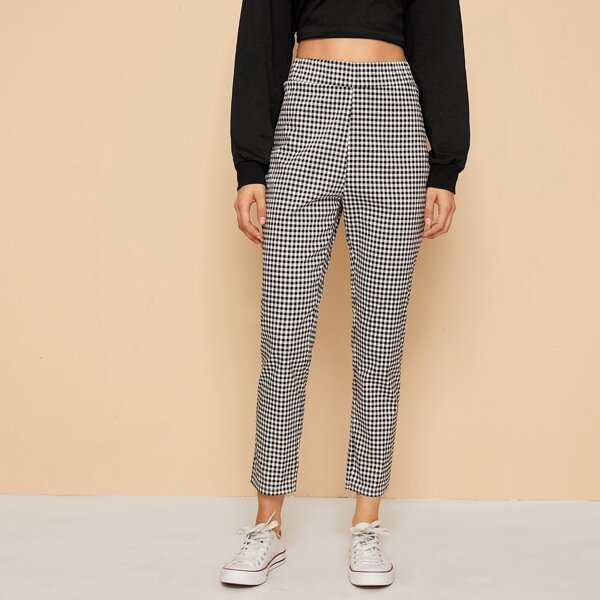 

Elastic Waist Gingham Print Pants, Black and white