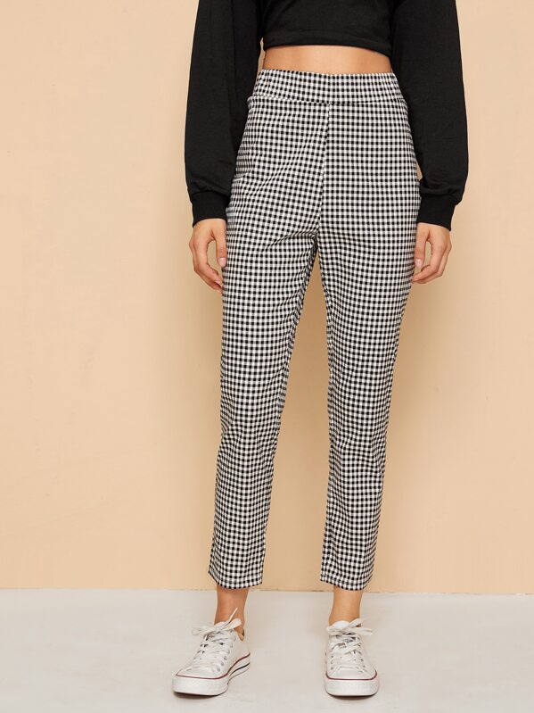 

Elastic Waist Gingham Print Pants, Black and white, Vivien