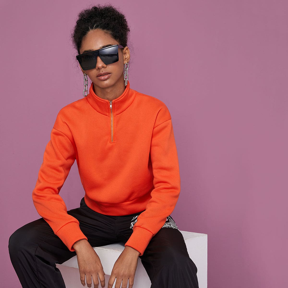 

Neon Orange Half Zip Drop Shoulder Sweatshirt, Orange bright