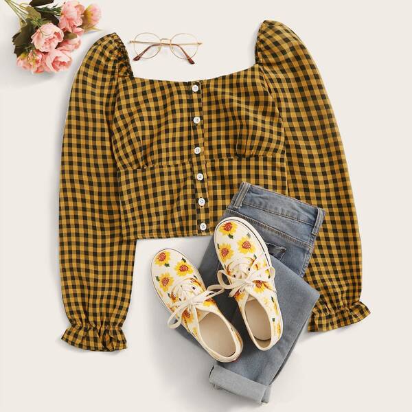 

Square Neck Button Through Gingham Crop Blouse, Multicolor