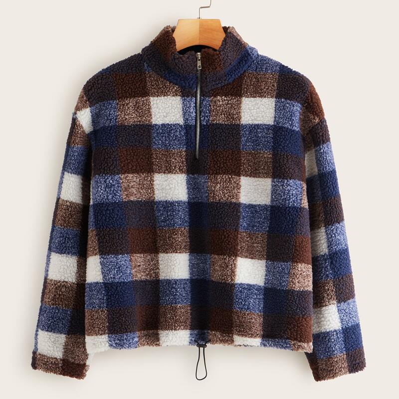 

Half Zip Drawstring Hem Teddy Sweatshirt, Multicolor