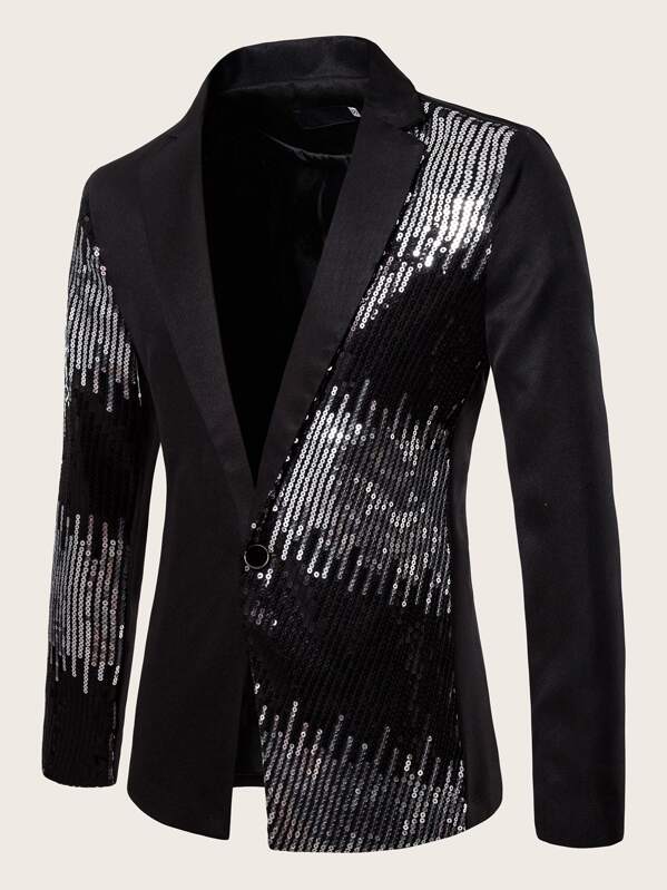 

Men Sequin Panel Single Button Tailored Blazer, Black, Petar
