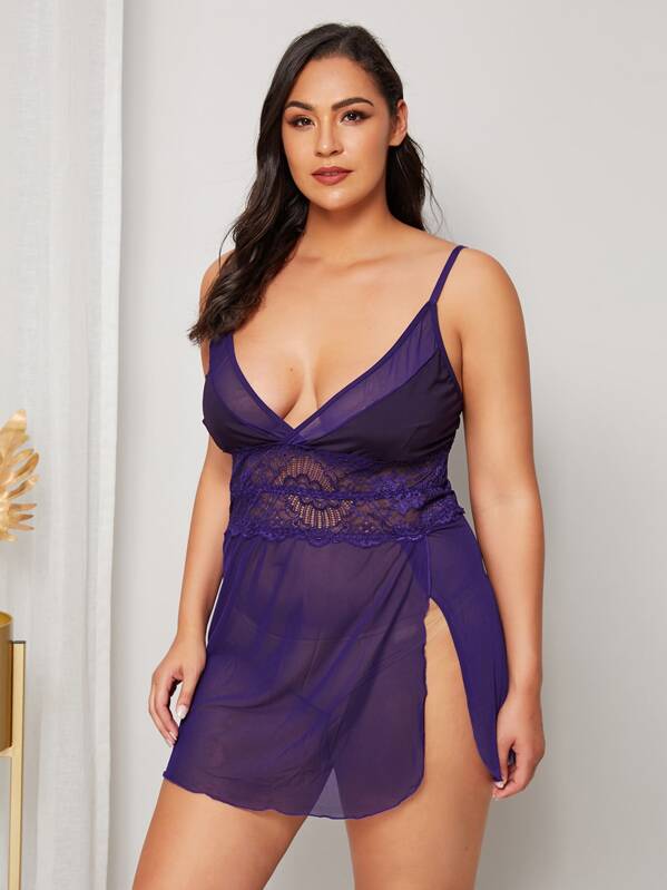 

Plus Sheer Lace Slips With Thong, Purple, Ruiz Brianna
