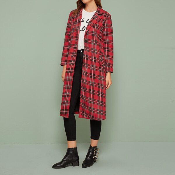 

Lapel Neck Tartan Plaid Coat, Red