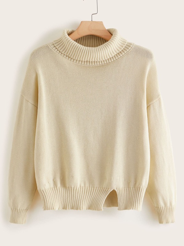 

Plus High Neck Split Hem Solid Sweater, Beige