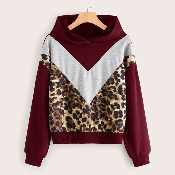 

Contrast Leopard Color-Block Hooded Sweatshirt, Multicolor