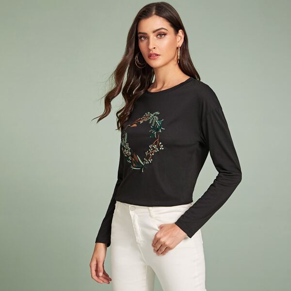 

Plants Embroidery Long Sleeve Tee, Black