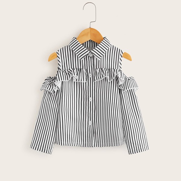 

Toddler Girls Open Shoulder Ruffle Trim Striped Blouse, Black and white