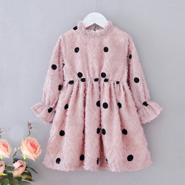 

Toddler Girls Polka Dot Flounce Sleeve Fuzzy Babydoll Dress, Pink