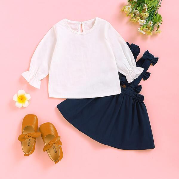 

Baby Girl Flounce Sleeve Blouse With Bow Pinafore Skirt, Multicolor