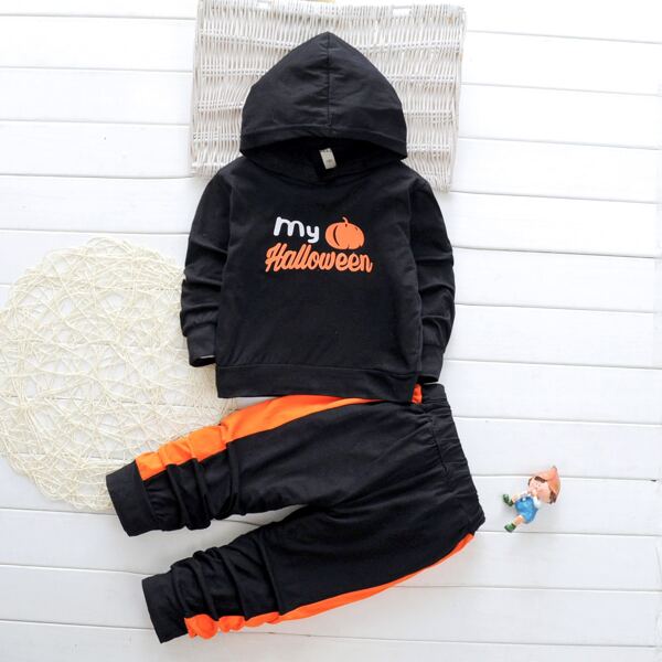 

Toddler Boys Halloween Print Hoodie With Contrast Side Joggers, Black