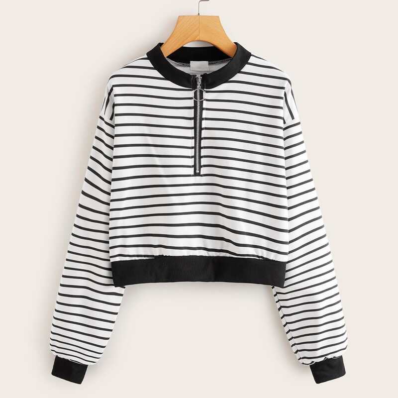 

Contrast Rib-knit Trim Half Zipper Striped Sweatshirt, Black and white