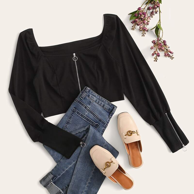 

Square Neck Zipper Crop Top, Black