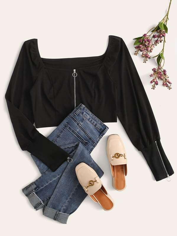 

Square Neck Zipper Crop Top, Black