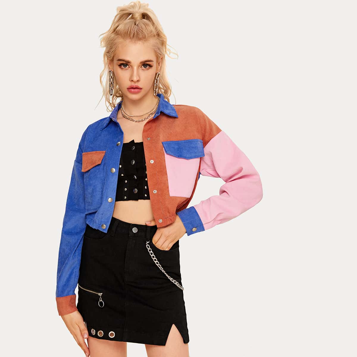 

Color-block Flap Pocket Corduroy Trucker Jacket, Multicolor