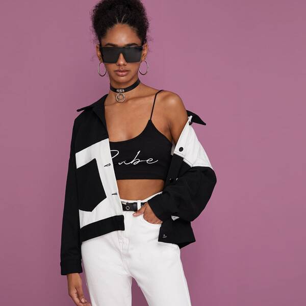 

Two Tone Dual Pocket Denim Jacket, Black and white
