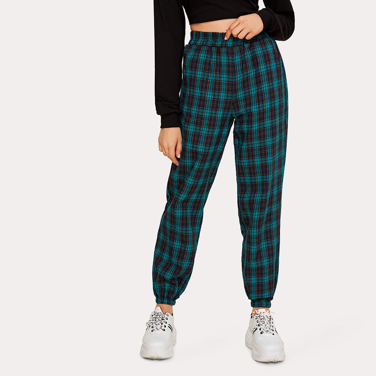 

Plaid Elastic Waist Carrot Pants, Blue