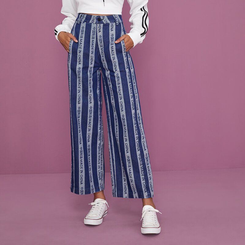

Letter Graphic Striped Wide Leg Jeans, Blue
