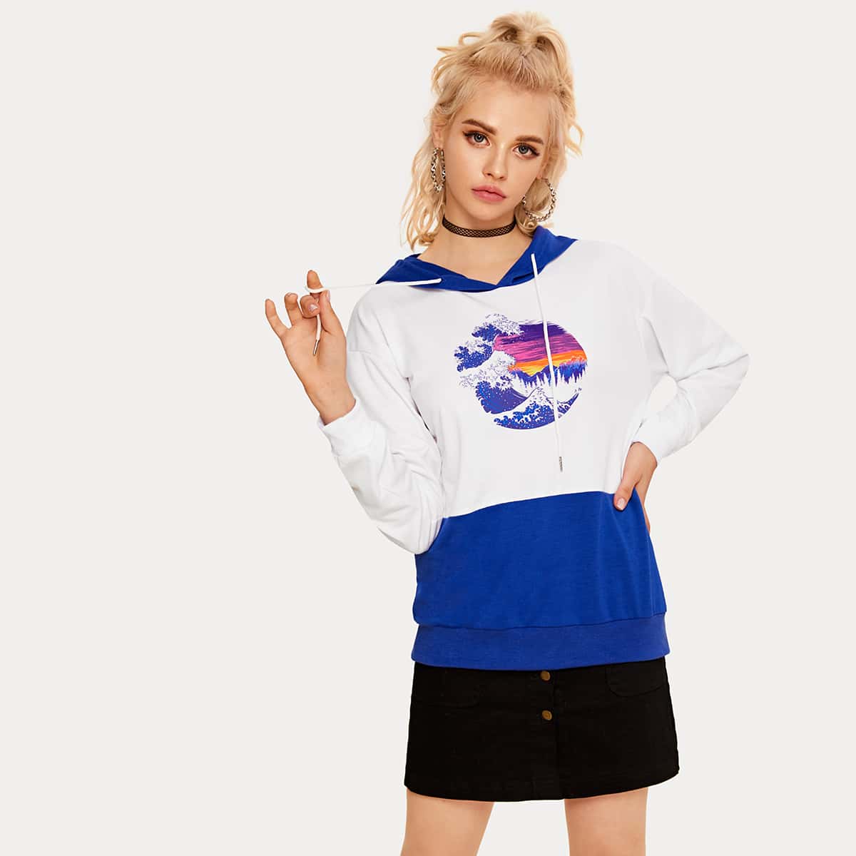 

Graphic Print Color-block Drawstring Hoodie, Multicolor