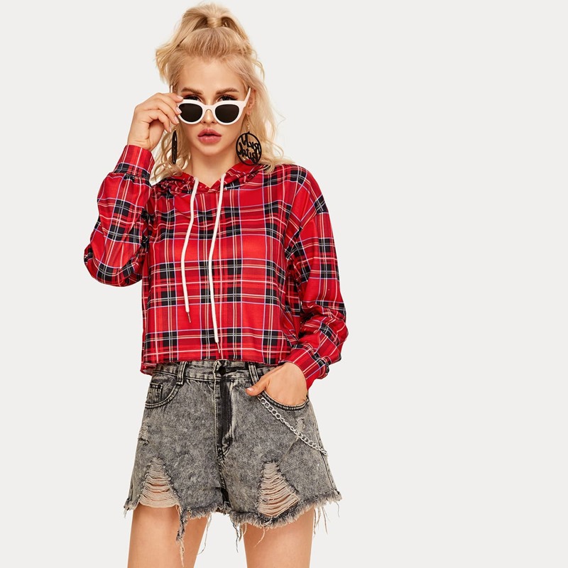 

Tartan Drawstring Hooded Sweatshirt, Red