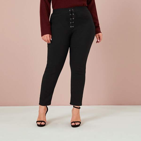 

Plus Lace Up Front Solid Skinny Jeans, Black