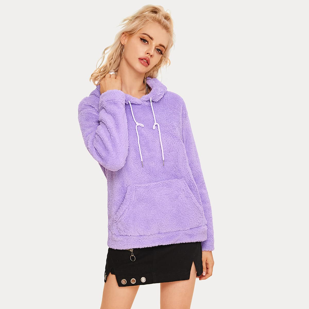 

Kangaroo Pocket Drawstring Solid Teddy Hoodie, Purple