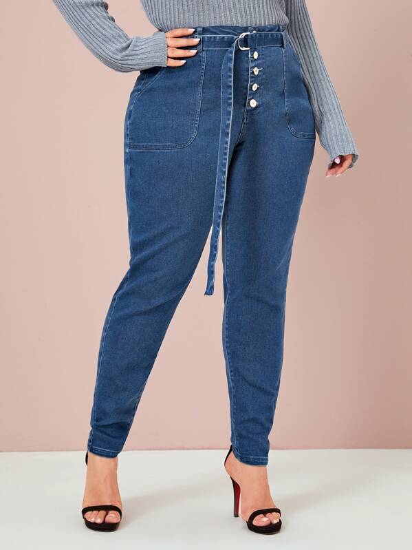 

Plus Button Fly Belted Solid Jeans, Blue, Carol