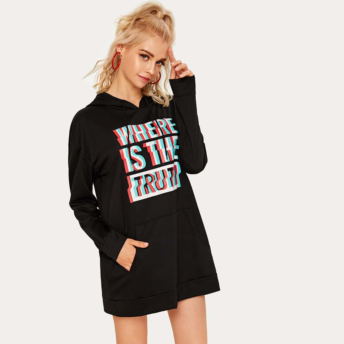 

Slogan Graphic Kangaroo Pocket Sweatshirt Dress, Black