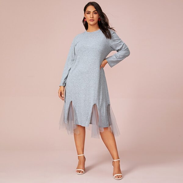 

Plus Ribbed Knit Mesh Panel Sweater Dress, Grey
