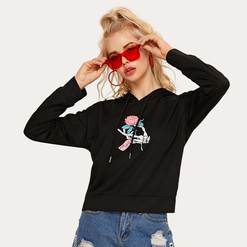 

Halloween Skull & Floral Print Drawstring Hoodie, Black
