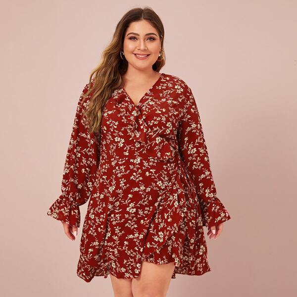 

Plus Floral Print Ruffle Trim Wrap Dress, Burgundy