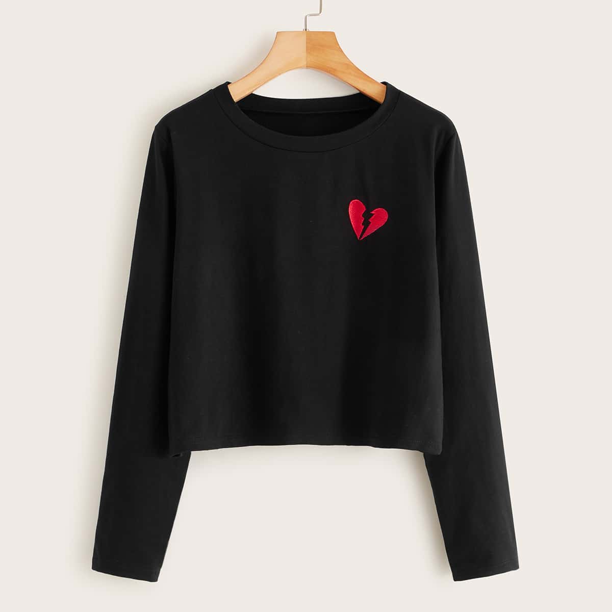 

Heart Embroidery Long Sleeve Tee, Black