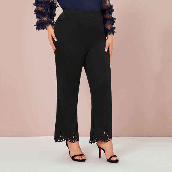 

Plus Laser Cut Scallop Trim Pants, Black
