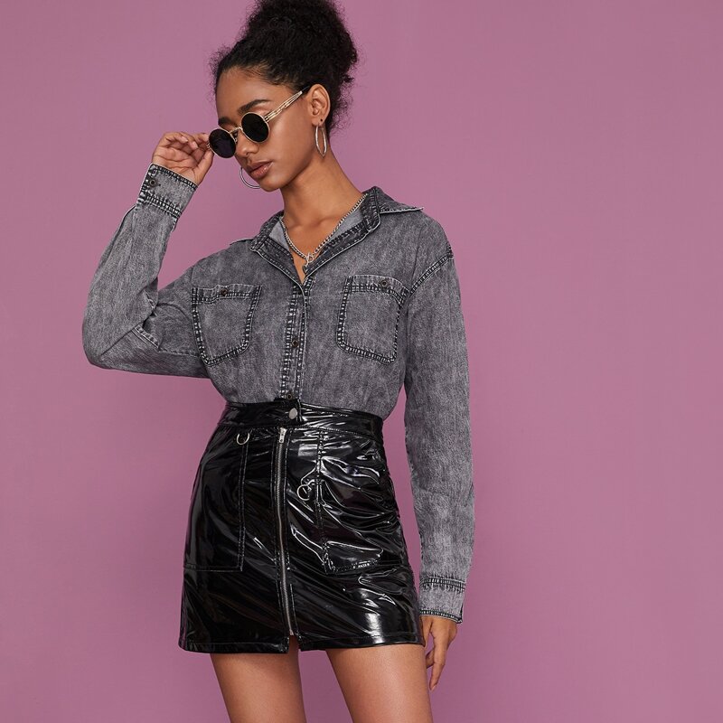 

Dual Pocket Front Denim Blouse, Grey