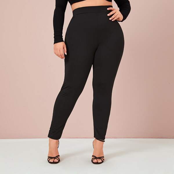 

Plus Button Detail Solid Skinny Pants, Black