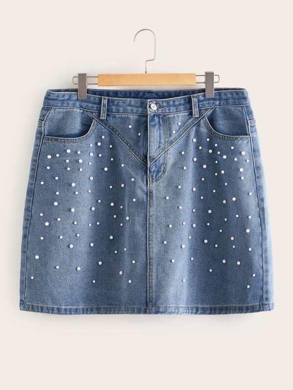 

Plus Pearls Beaded Straight Denim Skirt, Blue