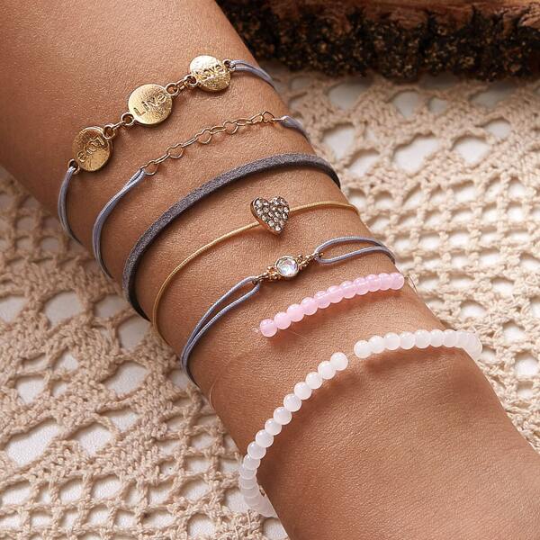 

7pcs Rhinestone Engraved Heart Decor Bracelet, Gold