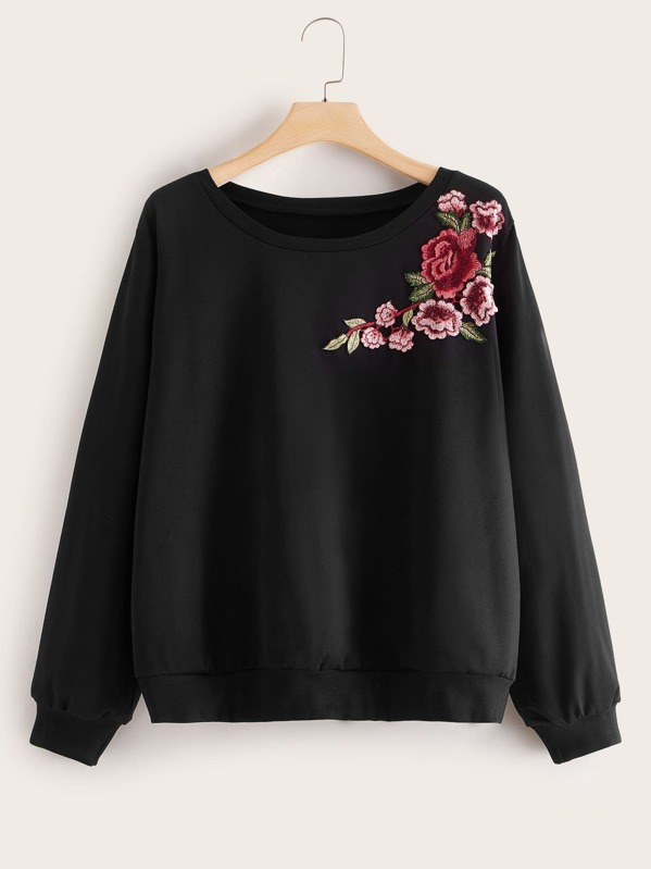 

Plus Flower Embroidered Drop Shoulder Sweatshirt, Black